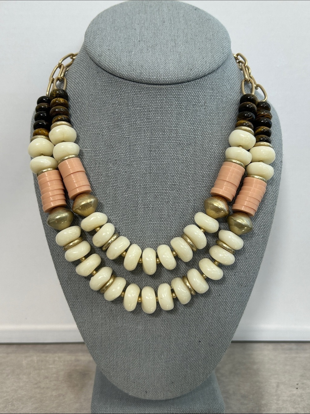 Banana Republic Cream, Peach & Tigers Eye Stone Double Strand Beaded Necklace